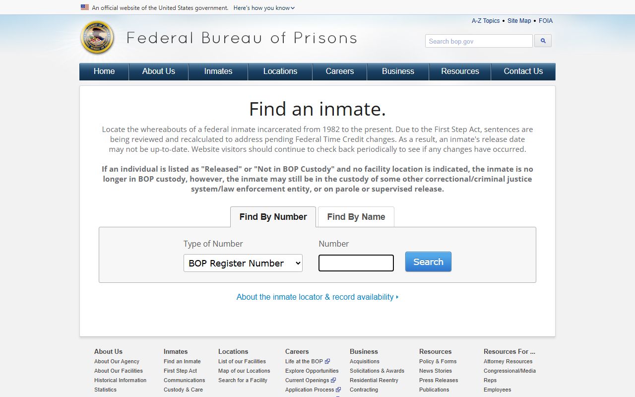 Federal BOP inmate locator search used to find Hamden defendants in federal custody