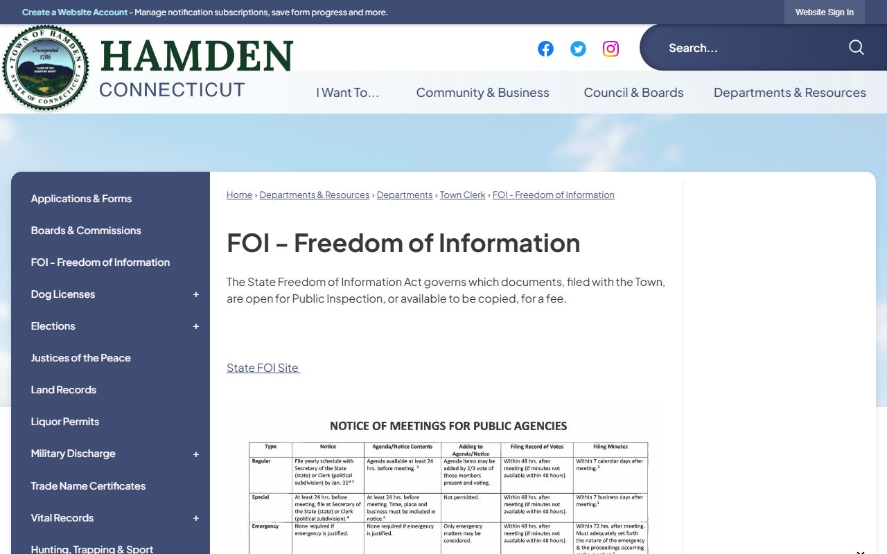 Hamden FOI page explaining that Connecticut Freedom of Information law governs public inspection and copying of Hamden Police records