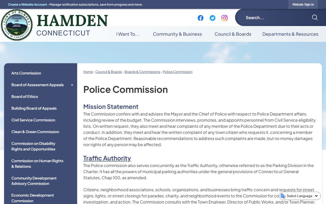 Hamden Police Commission page showing oversight role, policy links, and contact emails for the Hamden Police Department
