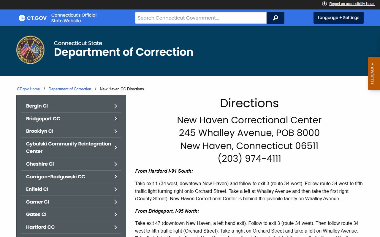 CT DOC directions to New Haven Correctional Center for inmate visits and records