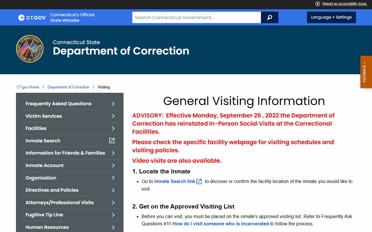 CT DOC general visiting rules page for New Haven Correctional Center inmate visits
