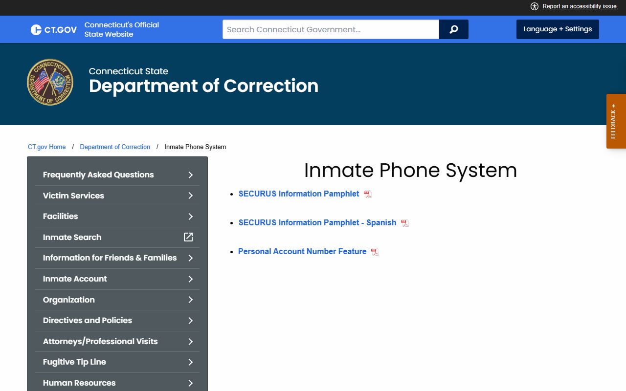 CT DOC inmate phone system page used to call a Cheshire Correctional Institution inmate