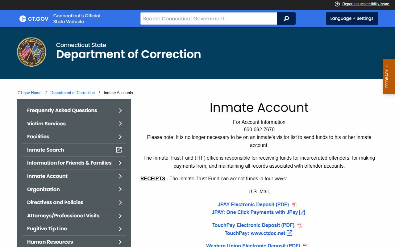 CT DOC Inmate Trust Fund page for sending money to New Haven CC inmate accounts
