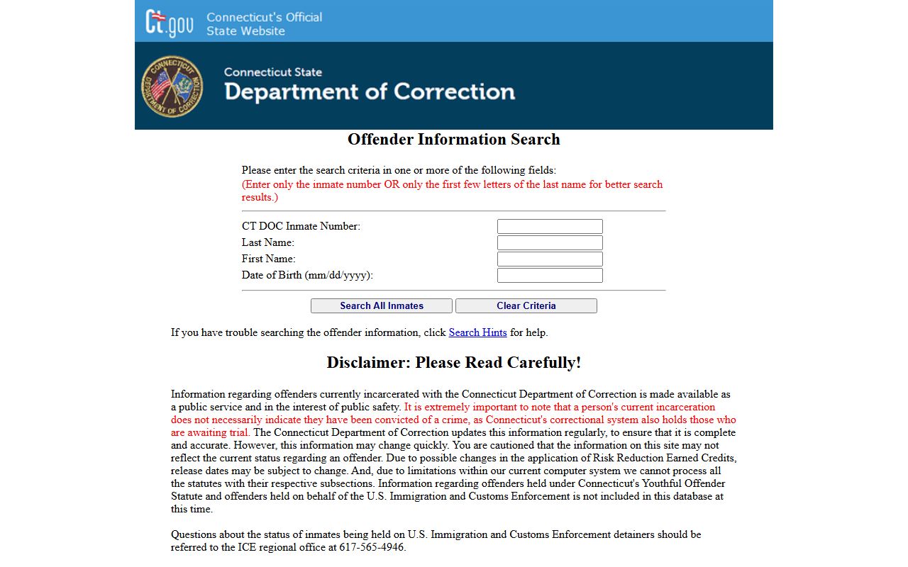 Official CT DOC inmate search used to look up the Hamden inmate population and custody records