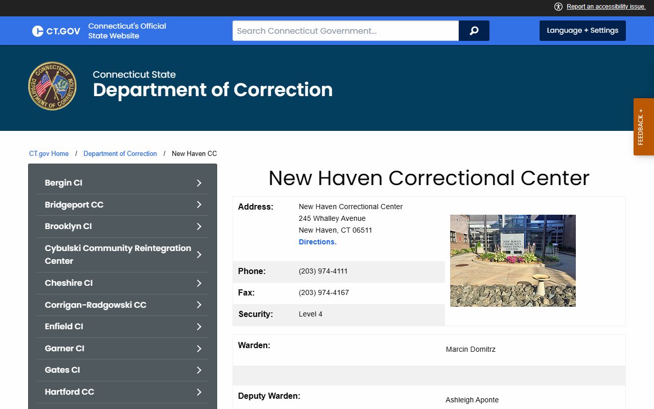 Official CT DOC New Haven Correctional Center facility and inmate record page