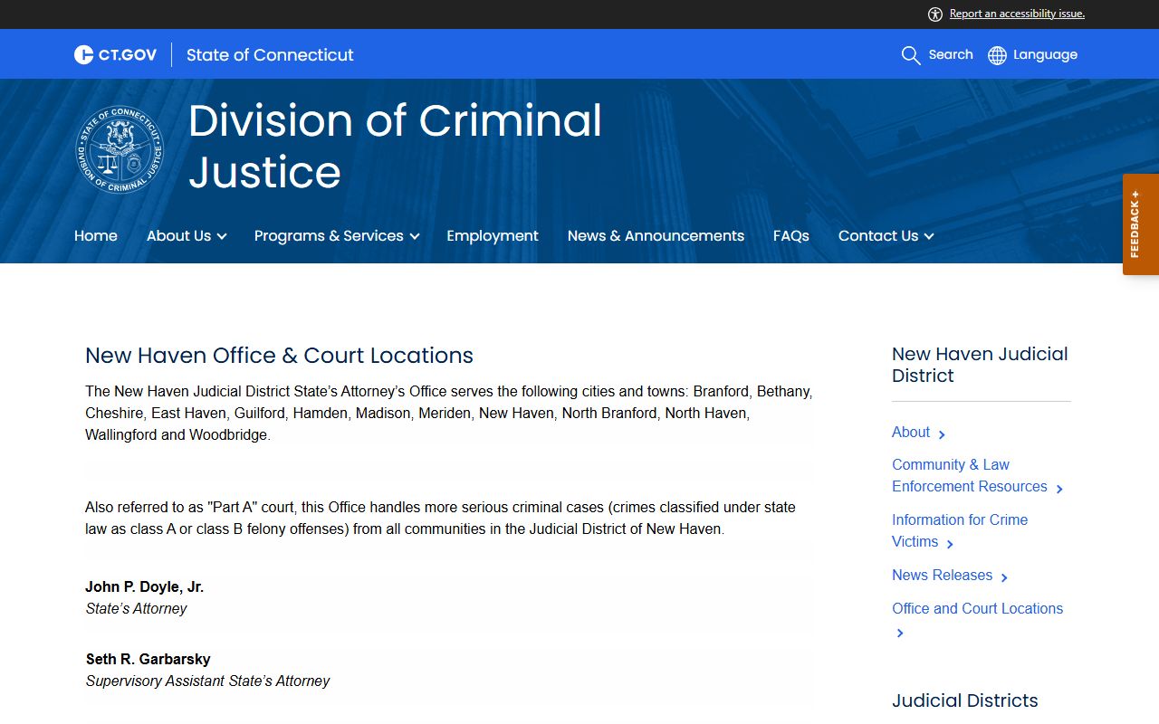 Connecticut State's Attorney office and court locations for the New Haven Judicial District serving Hamden court records after an arrest